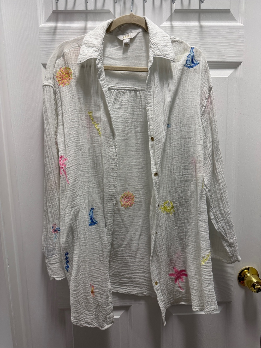 Lilly Pulitzer White Embroidered Gauze Swim Coverup with Multi-Color Motifs